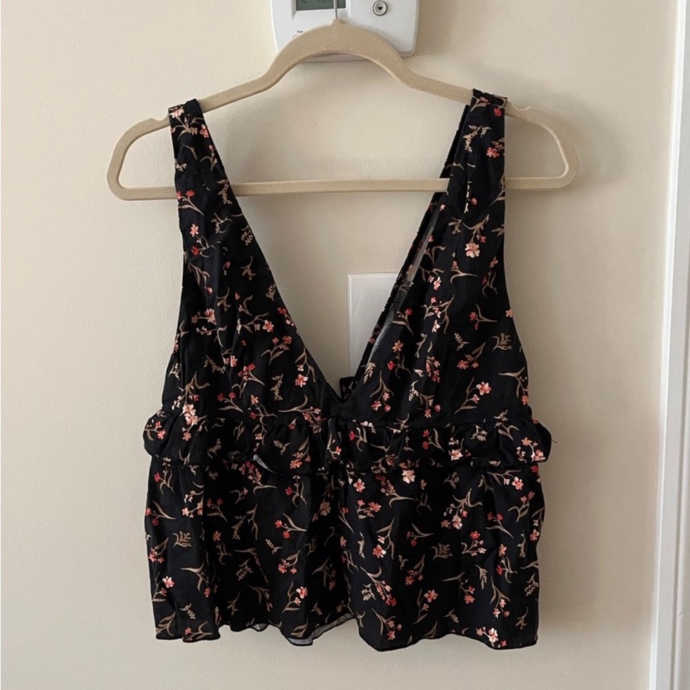 Urban Outfitters Black Floral Print Sleeveless Ruffled Top